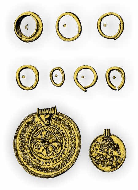 Wybór złotych przedmiotów ze skarbu odkrytego w Wapnie, pow. wągrowiecki (2. poł. V w.); według M. Kara