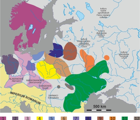 Europa u schyłku okresu rzymskiego (IV w.); według P. Kaczanowskiego i J. K. Kozłowskiego