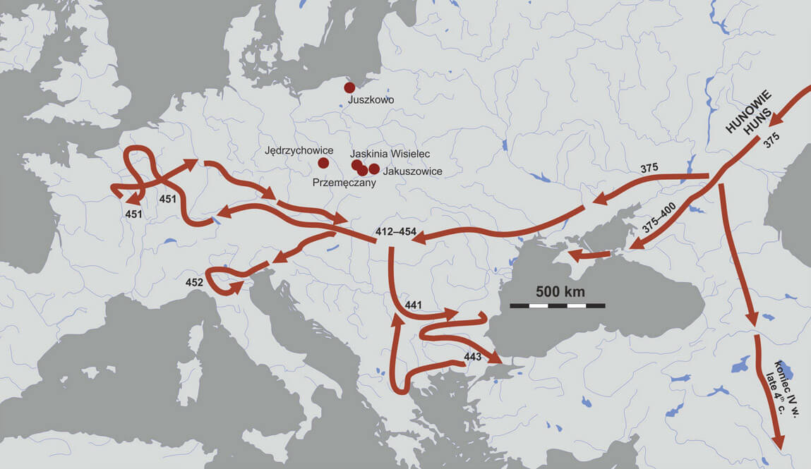 Główne kierunki najazdów Hunów w Europie; według: A. Kokowskiego z uzupełnieniami