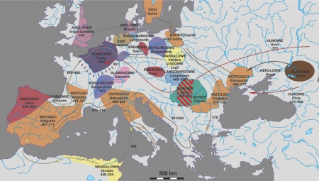 Wielkie wędrówki ludów w Europie (koniec IV i V w.); według M. Mączyńskiej